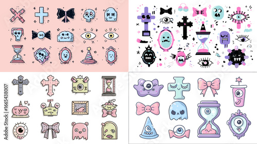 Trendy pastel gothic illustration set with crosses, bows, eyes, skulls, and mystical elements. Perfect for fashion design, stickers, and alternative aesthetic projects.