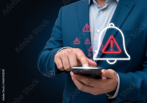 A man in a business suit using a smartphone, with alert icons appearing around, conveying a sense of urgency.
