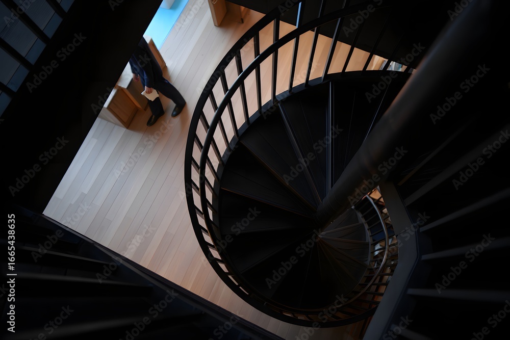 Fototapeta premium Modern dark metal spiral staircase with wooden steps leading down into shadow