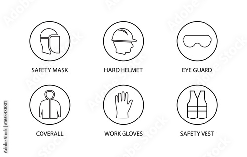 Personal protective equipment (PPE) minimal and black stroke vector icon set for industrial safety based on OSHA standards