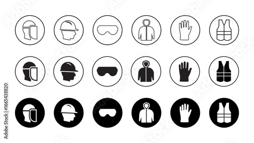 PPE personal protective equipment black and white vector icon set with stroke silhouette and filled version for industrial safety based on OSHA norms