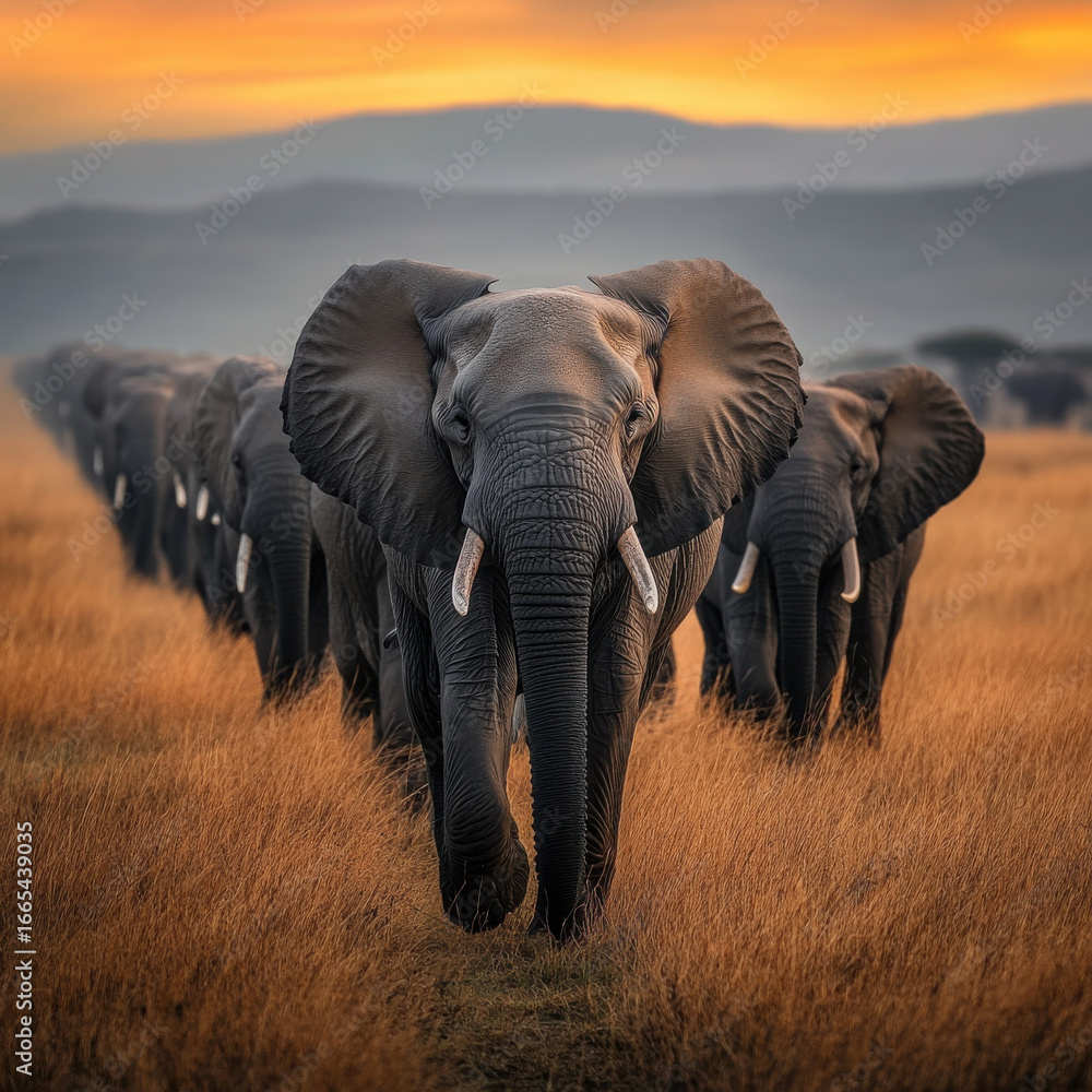 Fototapeta premium Elephant herd moving in a perfect line across the open savanna, stunning symmetry, cinematic depth, breathtaking wildlife composition, rich natural tones, 8K resolution