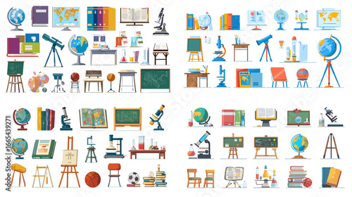 Vector set of school supplies and science tools including books, globes, chalkboards, microscopes, and telescopes. Perfect for education, classroom, and learning themes.