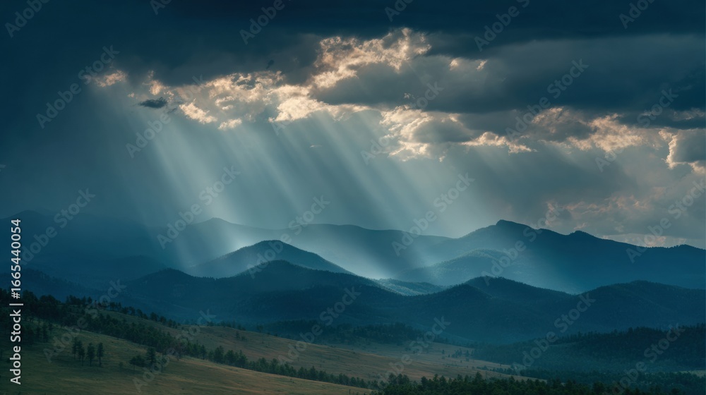 Obraz premium Majestic Mountain Landscape With Rays of Sunlight Breaking Through Clouds at Dawn
