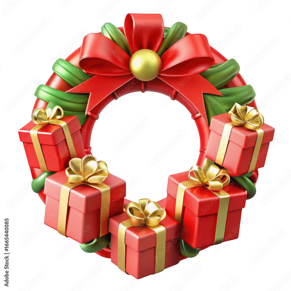 Obraz premium 3d festive christmas wreath with red presents and golden bows transparent background