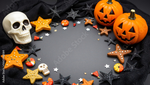 Halloween decorations with pumpkins, skulls, and cookies on a dark background