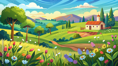  very beautiful Idyllic summer meadow with wildflowers. Rural countryside landscape with rolling green hills, trees, and farmhouse. Cartoon vector illustration background for nature