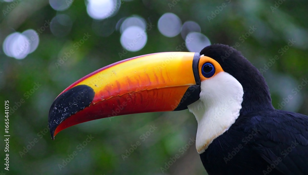 Fototapeta premium Close-up of a vibrant toco toucan showcasing its distinctive, colorful beak profile