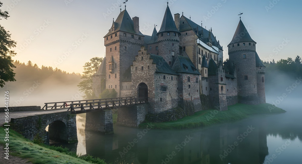 Fototapeta premium A medieval stone castle with towering turrets and a drawbridge over a moat mist rising at dawn
