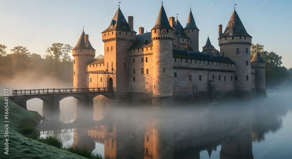 Fototapeta premium A medieval stone castle with towering turrets and a drawbridge over a moat mist rising at dawn
