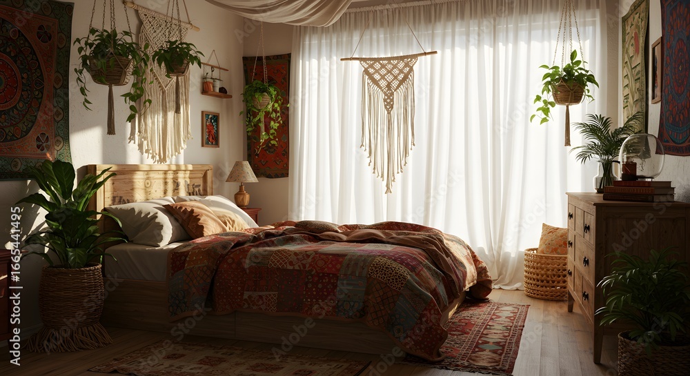 Fototapeta premium A photorealistic image of a bohemian bedroom with macrame hangings and earthy tones sunlight filtering through sheer curtains
