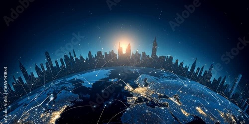 the earth with glowing connections linking cities across various continents, representing global connectivity and technology's impact on world trade and business Generative AI