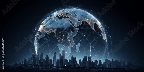 the earth with glowing connections linking cities across various continents, representing global connectivity and technology's impact on world trade and business Generative AI