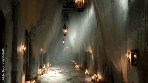 Eerie medieval castle corridor illuminated by candlelight and misty beams. Spooky Halloween haunted house atmosphere. Gothic horror movie scene with dramatic lighting.
