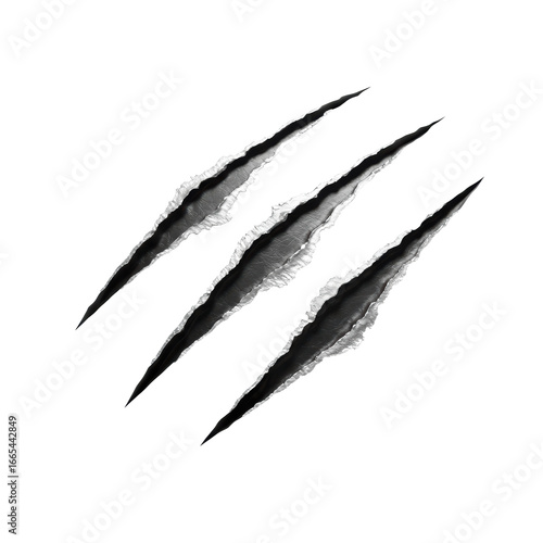 Ultra photorealistic close-up of three freshly scored, metallic silver werewolf claw marks with ragged edges, deeply ripped into a transparent, minimalist studio surface with bright, even