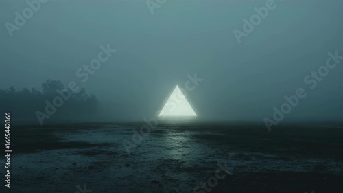 Glowing triangle in misty coastal landscape. Mysterious light on foggy beach at night. Sci-fi concept, alien presence, or supernatural phenomenon. Eerie atmosphere.