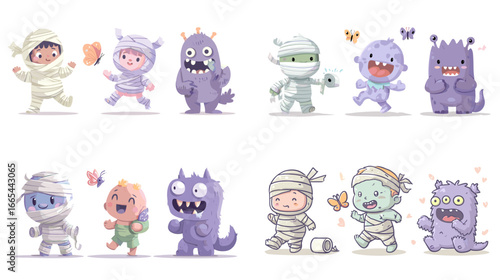 Adorable illustration of kids dressed as cute monsters and mummies with playful expressions. Perfect for children’s themes, Halloween, fantasy art, stickers, and fun character design.
