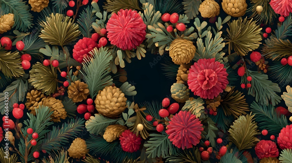 Fototapeta premium Festive Christmas Wreath Background Illustration for Holiday Designs