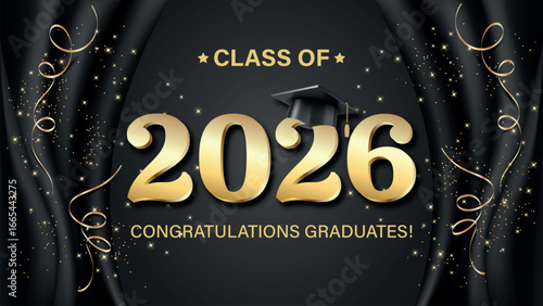 Vector illustration. Class of 2026 badge design template in black and gold colors. Congratulations graduates 2026 banner sticker card with academic hat for high school or college graduation