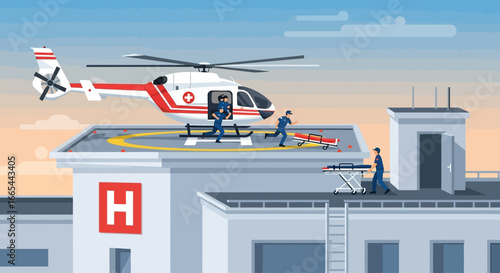 Medical helicopter landing on hospital rooftop with emergency personnel attending to a patient on a stretcher.
