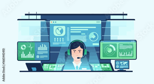 Person with headset monitors multiple screens displaying charts, graphs, and data in a control room or operations center.