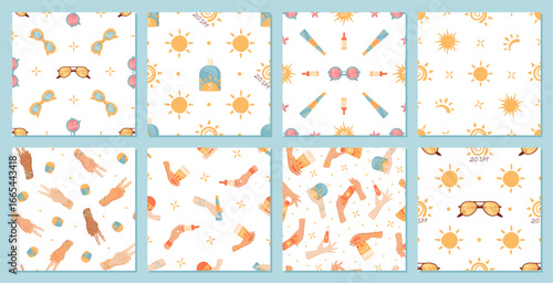 Flat seamless pattern with sunscreen bottle, spf, lotion and spray shapes. Sunglasses and sun icons with hand hold bottle for healthy skin care in summer. Elegant summer product pattern.