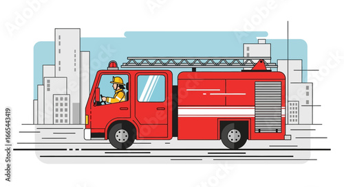 A red fire truck drives through a city with a firefighter visible in the driver's seat, sirens on top, and a ladder on the roof.