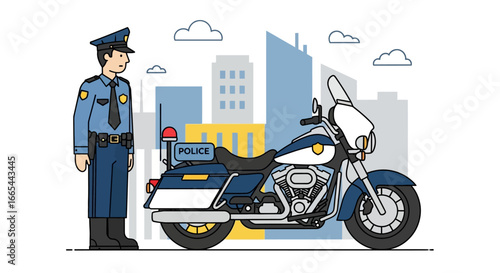 A uniformed police officer stands beside a patrol motorcycle with a city skyline in the background.
