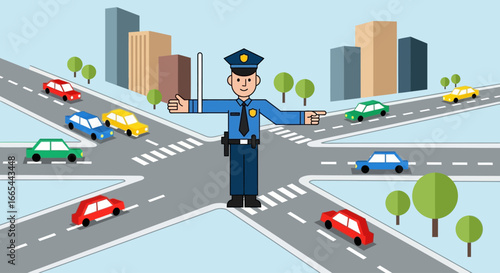 Animated police officer controlling traffic flow at a multi-lane intersection in a city setting.