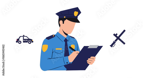 Police officer taking notes on a clipboard, surrounded by police equipment.