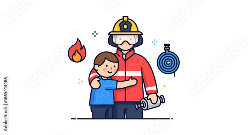 A friendly firefighter embraces a child, symbolizing safety and support during a fire emergency.