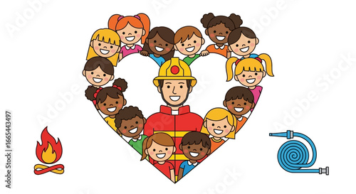 Children surround a firefighter in a heart shape, symbolizing community support for safety.