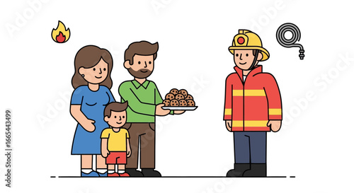 Family receiving food from a firefighter after a fire.