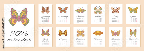 Groovy retro butterfly calendar with modern colorful style. Y2K month template and 2026 year banner in cheerful set. Trendy collection graphic for stylish planning and creative layouts.