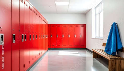 A brightly lit locker room, showcasing rows of vibrant red lockers, a wooden bench, and a blue towel draped over a hook.