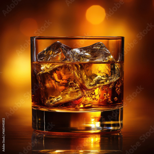 Glass of golden whiskey with slow-melting ice cubes, rich amber tones, warm dim lighting, cinematic fine art beverage photography, breathtaking high-resolution textures 