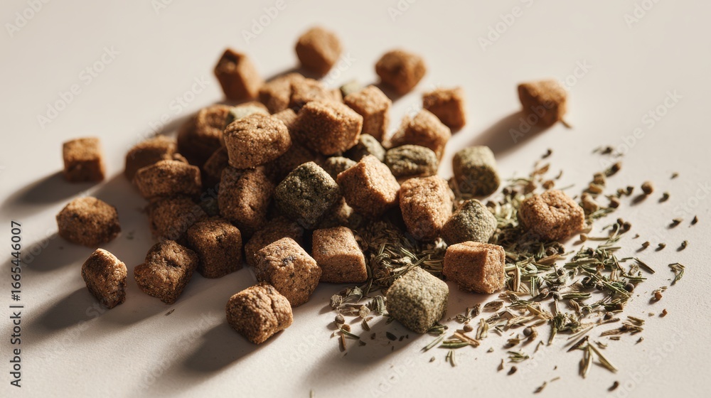Obraz premium Premium dry kibble with fresh herbs on white surface