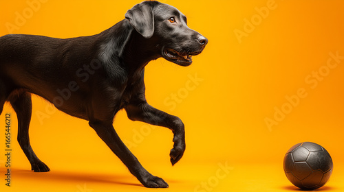 Black lab dog walking, left aligned, yellow background. Graphic banner with copyspace