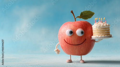 Happy Birthday apple, cartoon, holding a birthday cake, on blue background. 