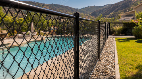 Backyard in ground pool with a pool fence surrounding, for child safety and drowning prevention