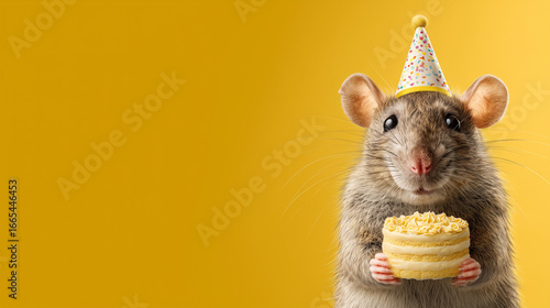 Cute mouse holding a birthday cake against yellow background. Graphic banner, happy birthday