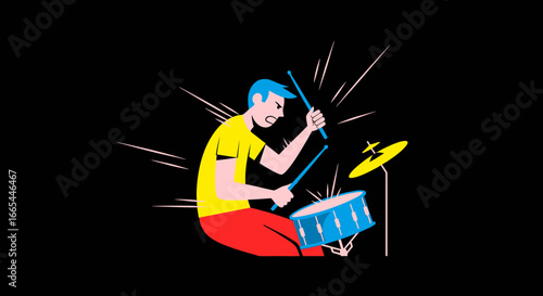 Intense cartoon drummer with blue hair energetically playing a colorful drum kit flat vector style.
