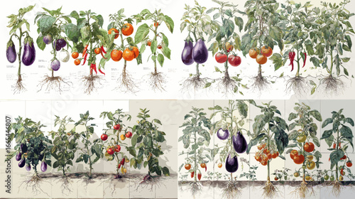 Botanical illustration of vegetable plants including eggplants, tomatoes, and chili peppers with roots, hand-drawn realistic garden art for agriculture and nature design.