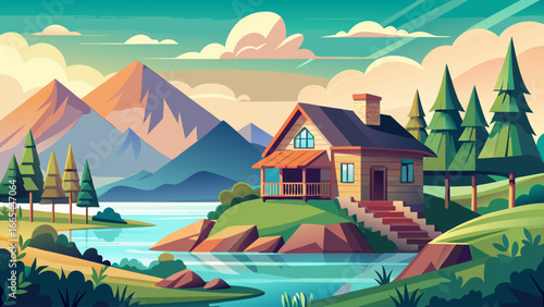  very beautiful vector illustration in flat style of house in the hill with lake and forest near. beautiful landscape illustration