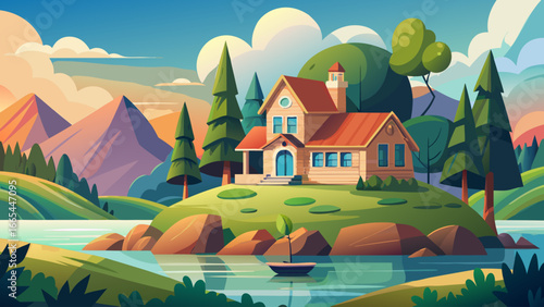  very beautiful vector illustration in flat style of house in the hill with lake and forest near. beautiful landscape illustration