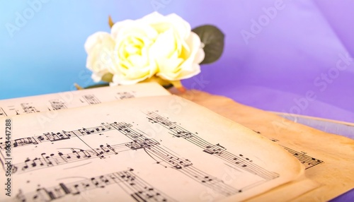Vintage sheet music pages rest atop each other, adorned with musical notations; a delicate bouquet of pale yellow roses sits in the background, creating a serene and romantic scene.