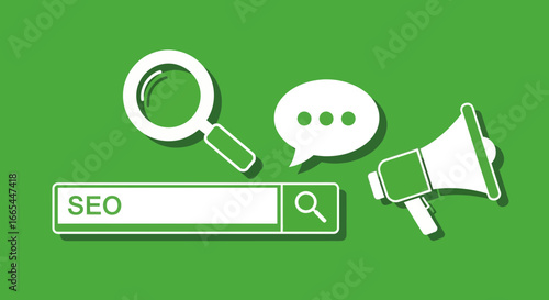 Search engine optimization concept with magnifying glass and megaphone icons