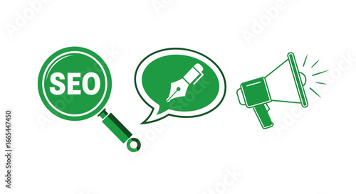 Search engine optimization content creation and promotion icons