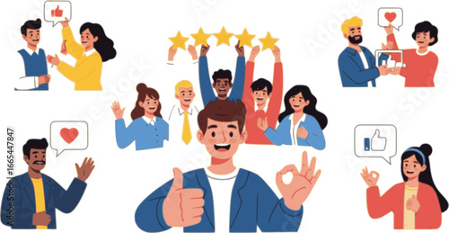 People rate product or service with five stars, good reviews set. Positive customer feedback in social media, characters rate quality with thumbs up and okay gestures cartoon vector illustration 