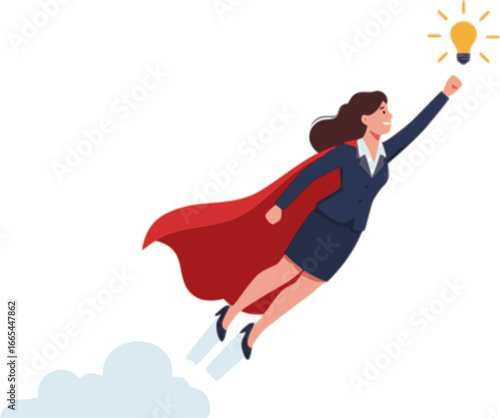 Business lady superwoman flying up with focus on goals, success opportunity, achievement of female leader. Confident brave and strong businesswoman in red superhero cape cartoon vector illustration